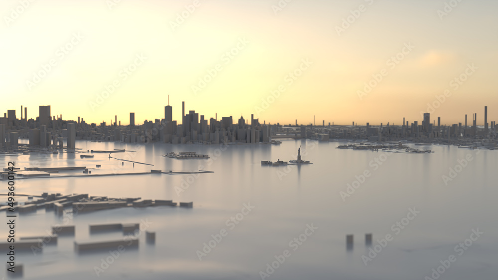New York as a white 3D model. Wide-angle shot over the Statue of Liberty towards the Manhattan skyline at dusk.