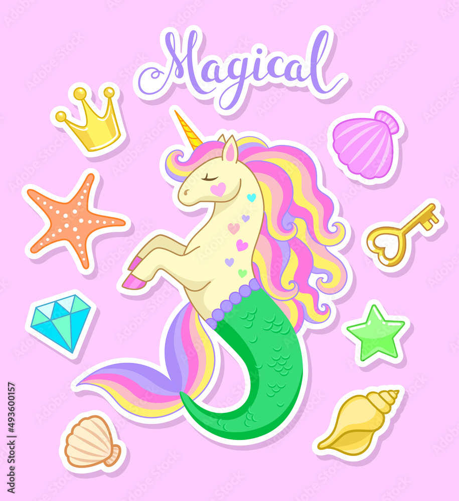 Fototapeta premium Mermaid unicorn with colorful mane, seashells, crown, key and diamond. Set of vector illustrations for stickers