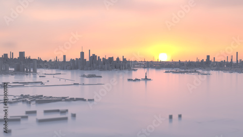 New York as a white 3D model. Wide-angle shot over the Statue of Liberty towards the Manhattan skyline in low sunlight.