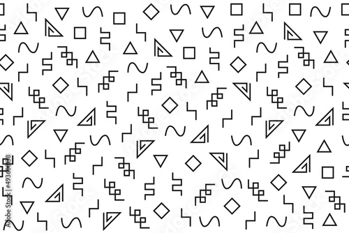 Memphis seamless black and white pattern. Pattern with simple geometric design elements. Retro style, 90s design. Modern abstract shapes, triangles squares, loopable design.