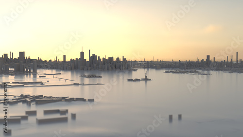 New York as a white 3D model. Wide-angle shot over the Statue of Liberty towards the Manhattan skyline at dusk.