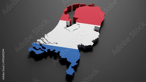 3d rendering of a Netherland map in Netherlanden flag colors on black background. 4K Video motion graphic animation.