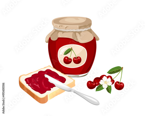 Cherry jam set. Spread on piece of toast bread, knife, glass jar with jelly, fresh red berries and flower isolated on white. Vector sweet food illustration in cartoon flat style.