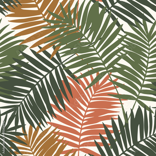 Green tropical leaves drawing seamless pattern. Abstract palm leaf silhouette background.
