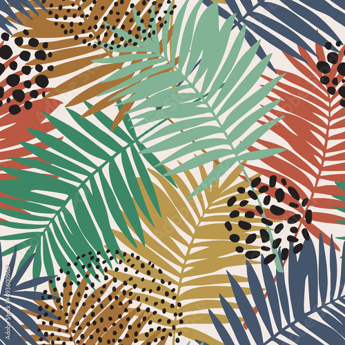 Tropical leaves and doodles seamless pattern. Abstract palm leaf silhouette, ...