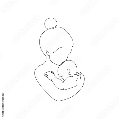 Abstract family continuous line art. Young mom hugging her little baby