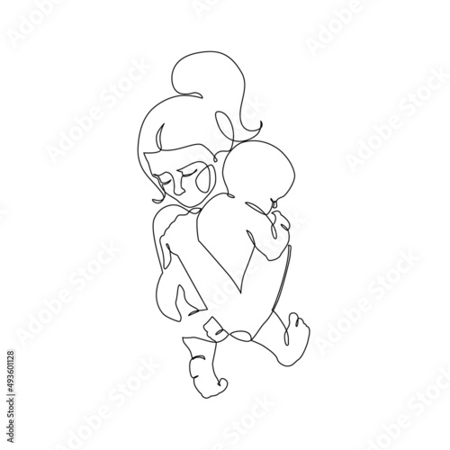 Abstract family continuous line art. Young mom hugging her little baby
