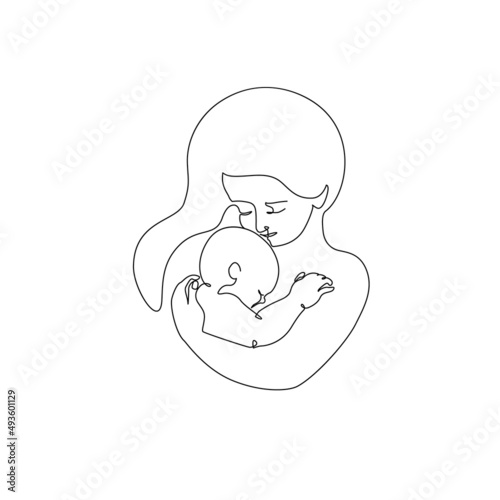 Abstract family continuous line art. Young mom hugging her little baby