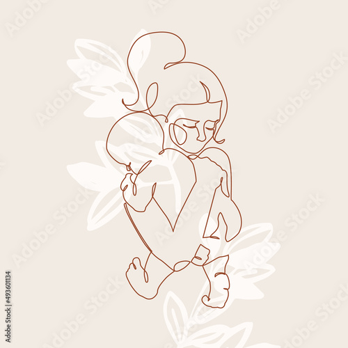 Abstract family continuous line art. Young mom hugging her baby on floral background.