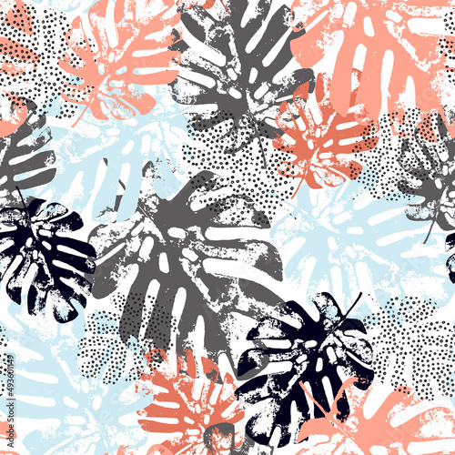 Abstract modern art illustration with tropical leaves filled with grunge, doodles, minimal elements textures.