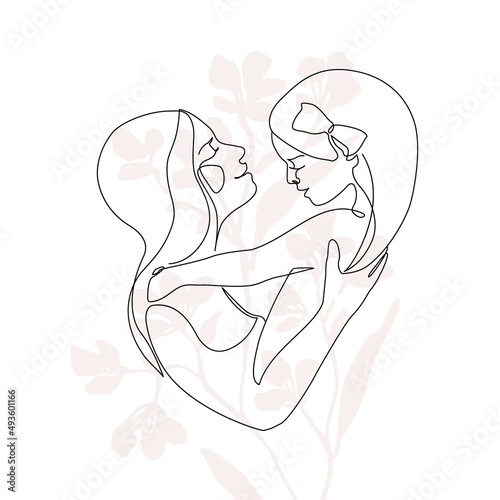 Mommy little kid line drawing. Abstract family continuous line art. Mom hugging her daughter.