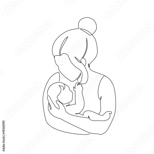 Abstract family continuous line art. Young mom hugging her little baby