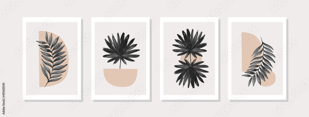 Modern illustration: tropical palm leaf, geometry elements for minimal print, poster, boho wall decor, flat design Modern illustration: tropical palm leaf, geometry elements for minimal print, poster, boho wall decor, flat design