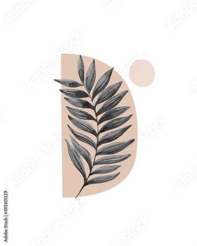 Modern illustration: tropical palm leaf, geometry elements for minimal print, poster, boho wall decor, flat design