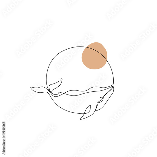 Abstract whale drawing concept background. Simple line art of sea animal on geometric shapes