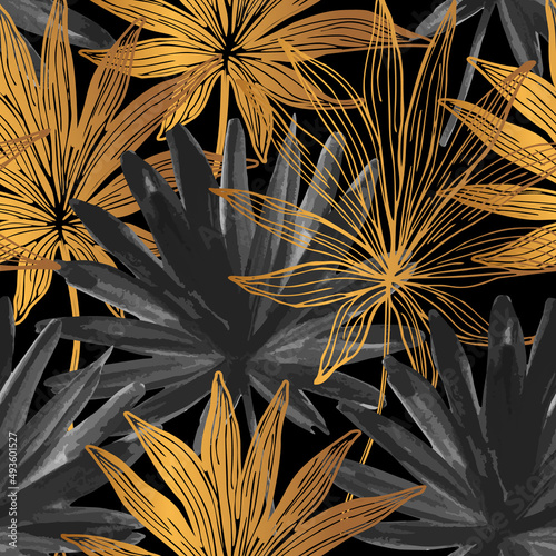 Golden monochrome tropical leaves seamless pattern