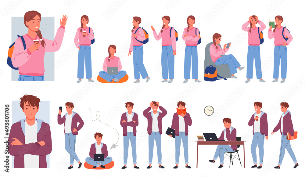 Set of young boy and girl college student in diverse educational poses. School daily activities of learning, studying and reading pupil character cartoon vector illustration