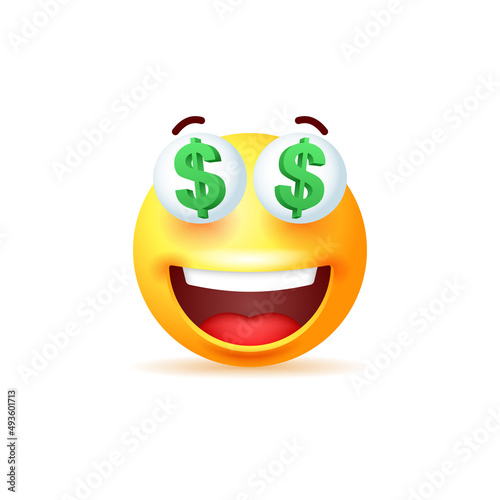 Smiling yellow emoji with dollars in the eyes isolated on white background.