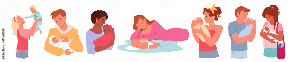 Happy parent holding baby with love set vector illustration. Cartoon woman and man with newborn child, family hugs of mother and father with kids isolated on white. Childhood, parenthood concept Happy parent holding baby with love set vector illustration. Cartoon woman and man with newborn child, family hugs of mother and father with kids isolated on white. Childhood, parenthood concept