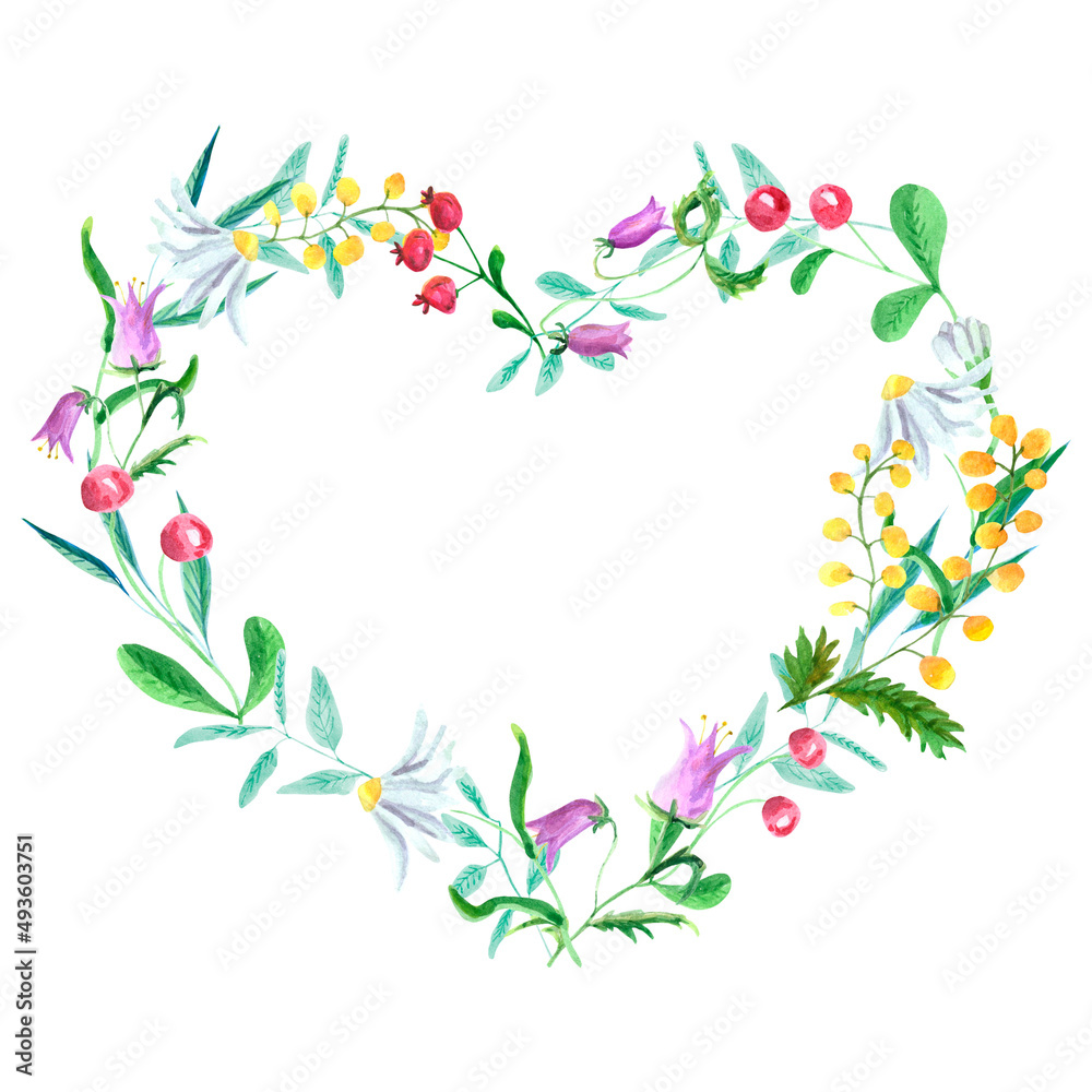 Watercolor wildflower heart wreath on white background
