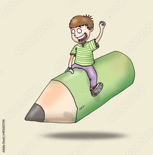 Boy Riding a Pencil Illustration photo