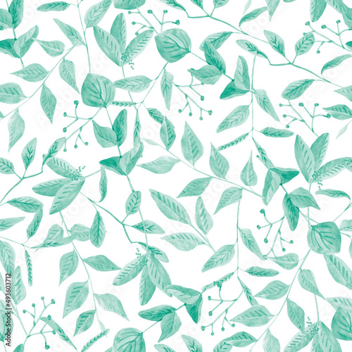 Seamless watercolor floral pattern with mint leaves on white background