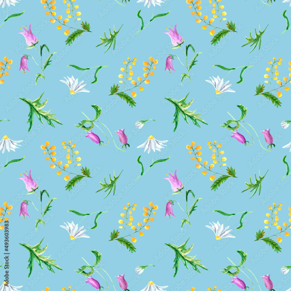 Seamless watercolor floral pattern with bluebells, mimosa and daisy on blue background