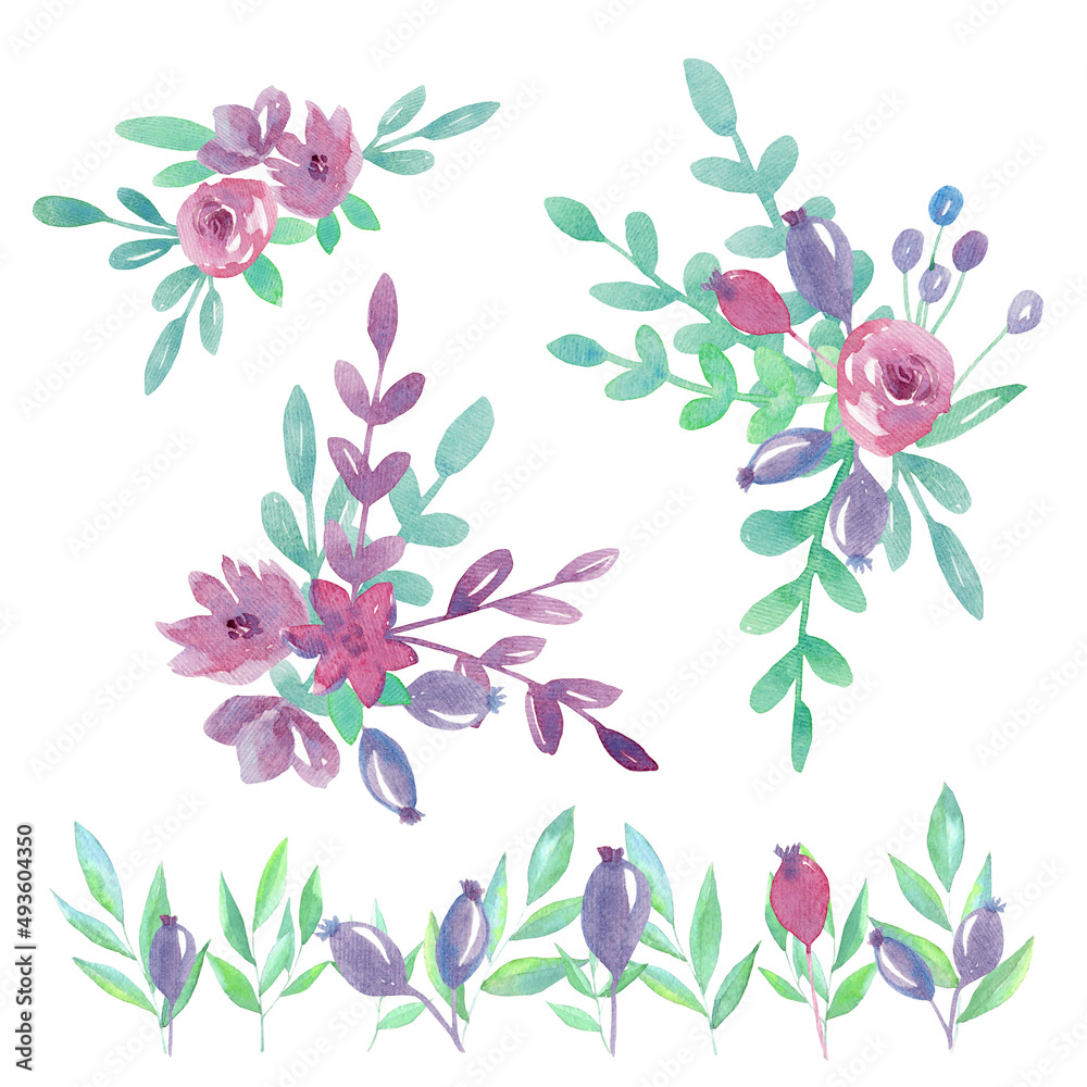 Fototapeta premium Set watercolor floral arrangements