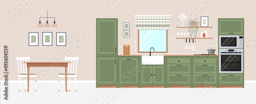 Modern cozy kitchen interior with dining area in a flat style. Kitchen with window and furniture, cooking appliances, utensils, decoration, flowers and plants. Vector graphic design template.