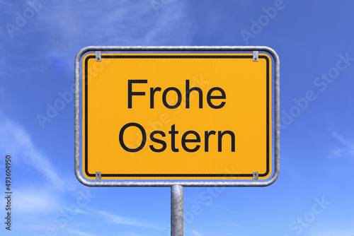 3d Illustration - Ortsschild - Ortstafel - Frohe Ostern - Himmel - Wolken