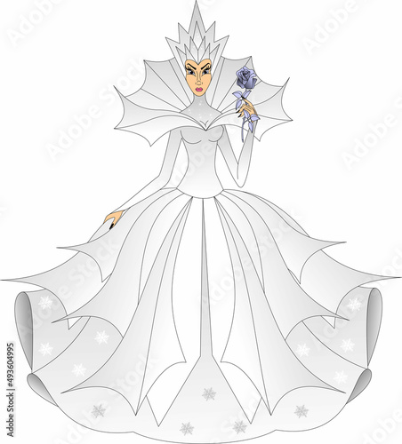 the snow queen in a lush white dress, with an ice crown on her head