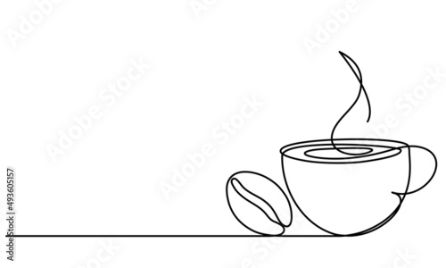 Cup of coffee and coffee bean. Hot. Aroma of coffeeContinuous line drawing. Vector sketch.