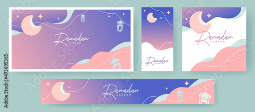 Ramadan Kareem design Set in modern art style in pastel colors. Abstract art templates with sand dunes, lanterns, moon, stars in the sky. Poster, cover, card, website or social media banner templates