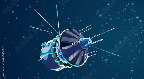 Vector illustration card with spaceship satellite in space Space history program, human exploration of near space. Picture with 3d model flying spaceship. Isolated