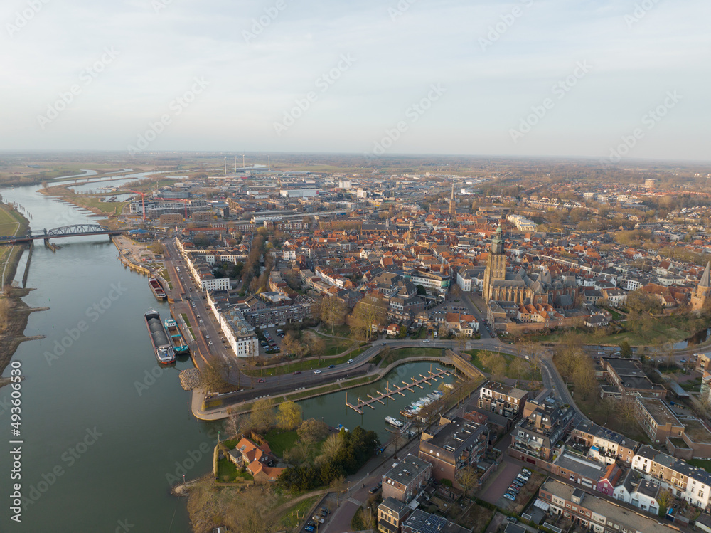 Zutphen and the river Ijsel, train station stores and buildings church old historic city center in The Netherlands, Gelderland, Europe. Holland
