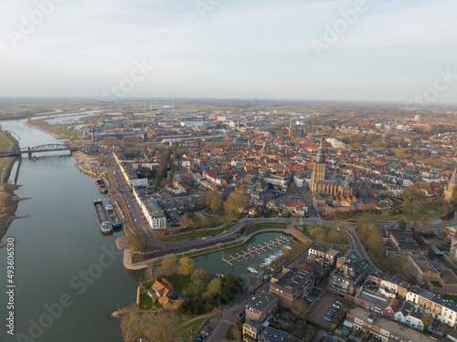 Zutphen and the river Ijsel, train station stores and buildings church old historic city center in The Netherlands, Gelderland, Europe. Holland