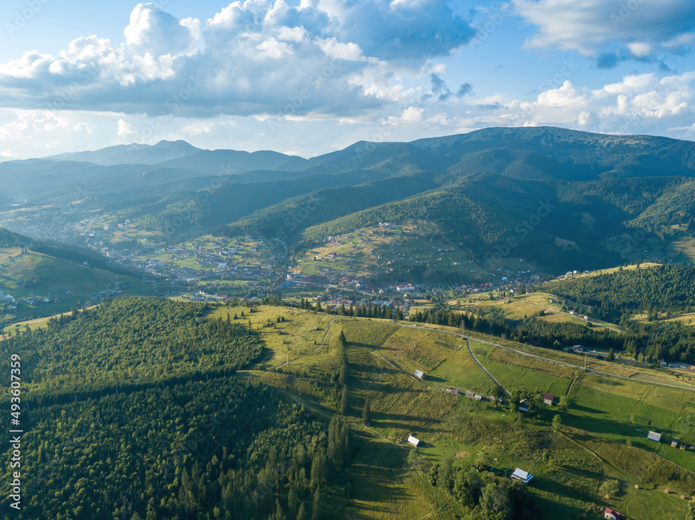 Ukrainian Carpathians mountains in summer. Aerial drone view.