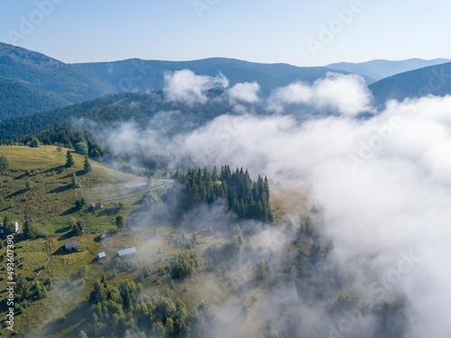 Morning fog in the Ukrainian Carpathians. Aerial drone view. © Sergey