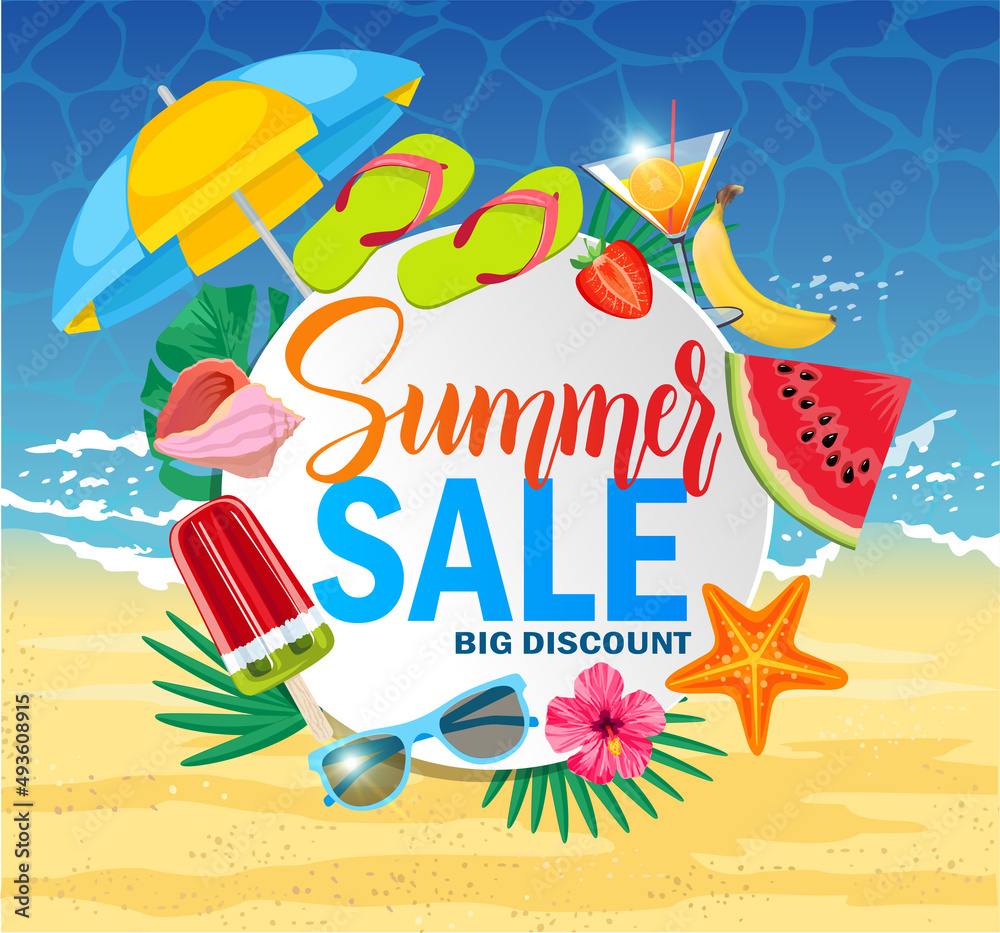 Summer Sale banner for hot season with beach holiday elements. Discount poster with tropical leaves and price off offer.Invitation for shopping, special offer card, template for design