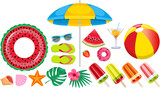 Summer beach, set of vector icons. Set of cute summer icons. Summer time in beach sea objects. Bright summertime poster