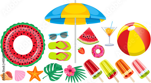 Summer beach, set of vector icons. Set of cute summer icons. Summer time in beach sea objects. Bright summertime poster