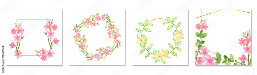 Watercolor set frame with flowers. Pink field twigs of flowers. Delicate design. Blank template for invitation, wedding, postcard, banner. Square frame.