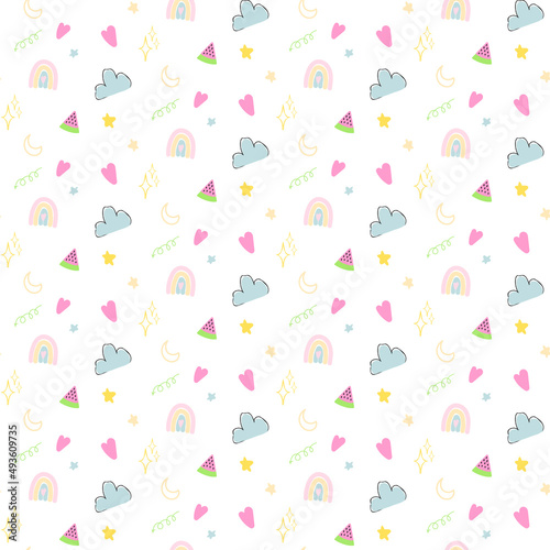 Bright summer seamless pattern in cartoon style with rainbow, watermelon and cloud