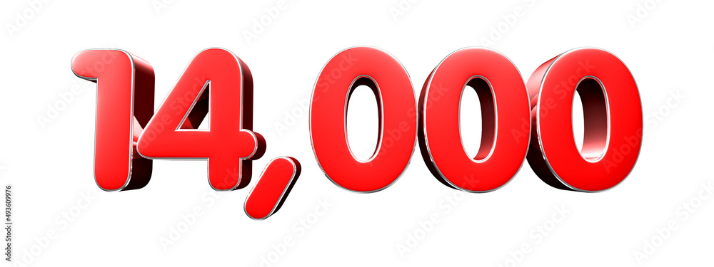 Rounded red number 14000 on white background 3D illustration with clipping path. Rounded red number 14000 on white background 3D illustration with clipping path.