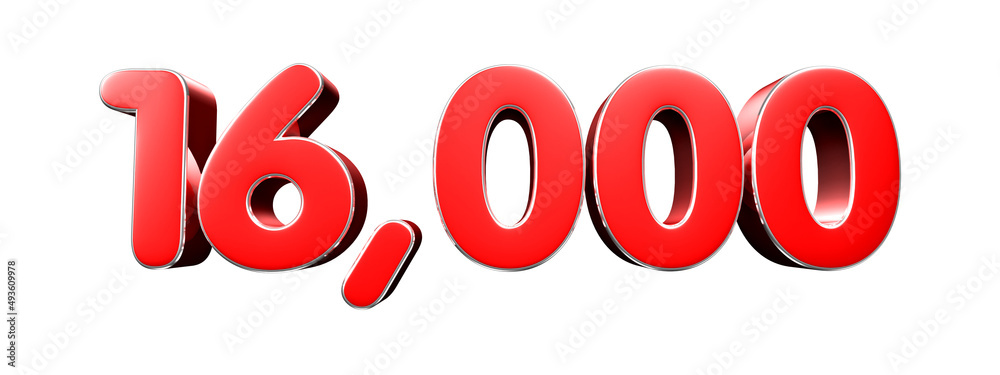 Rounded red number 16000 on white background 3D illustration with clipping path. Rounded red number 16000 on white background 3D illustration with clipping path.
