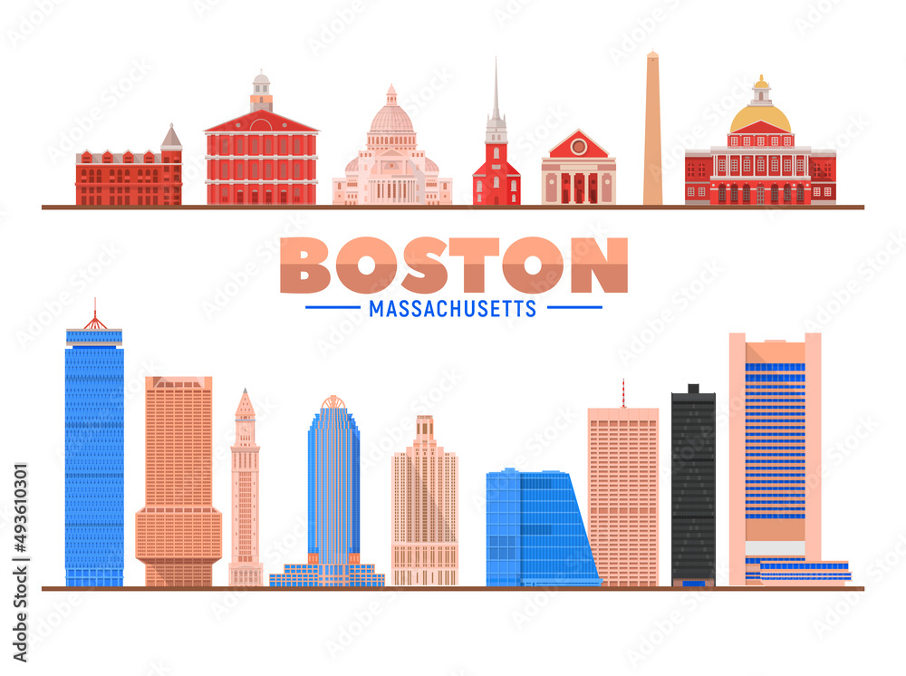 Boston Massachusetts (USA) landmarks. Isolated objects famous city buildings. Vector illustration.