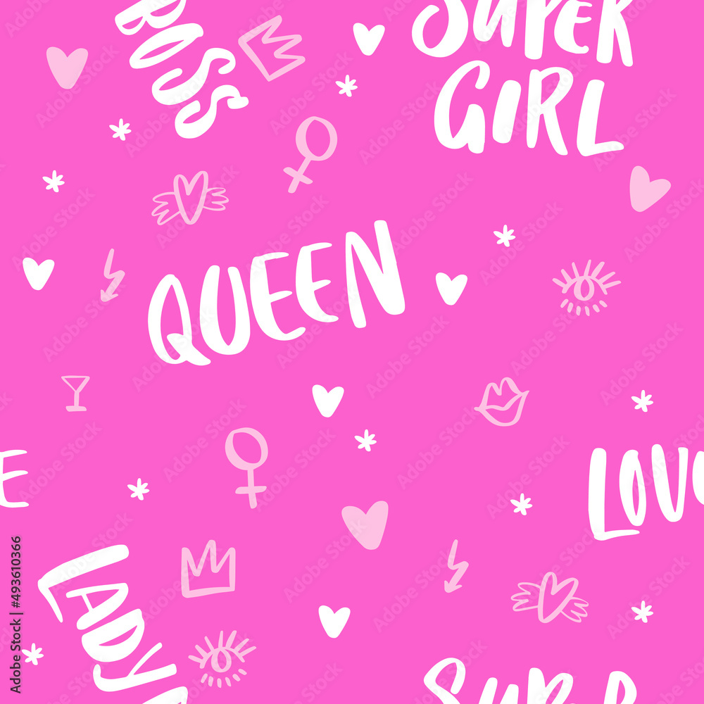 Naklejka premium Lettering Pattern with hand-drawn elements and texts about women