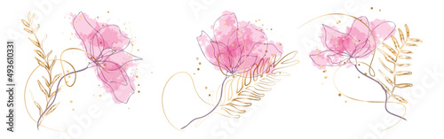 Watercolor floral illustration set - grasses, ferns and leaves for your own design. Gold ribbons and splashes. Wedding stationery, greeting cards, wallpaper or background.