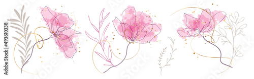 Watercolor floral illustration set - grasses, ferns and leaves for your own design. Gold ribbons and splashes. Wedding stationery, greeting cards, wallpaper or background.