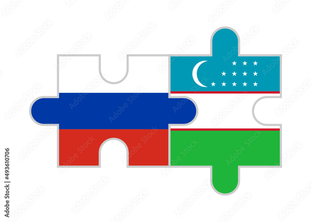 puzzle pieces of russia and uzbekistan flags. vector illustration isolated on white background